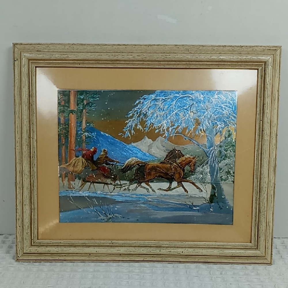 Winter Horse Drawn Sleigh Ride Foil Framed/Matted Art 8 x 10